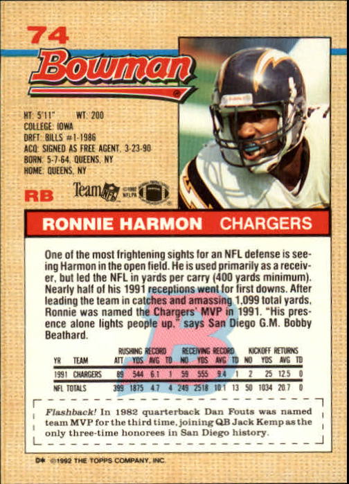 1992 Bowman #74 Ronnie Harmon back image