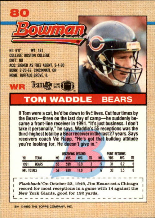 1992 Bowman #80 Tom Waddle back image