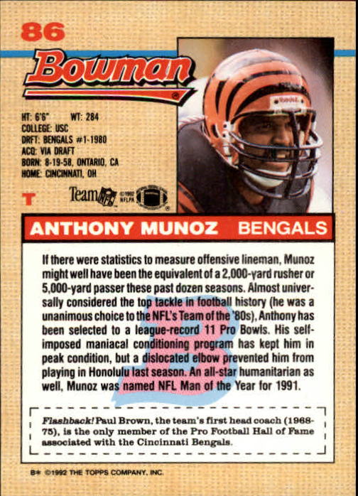 1992 Bowman #86 Anthony Munoz back image