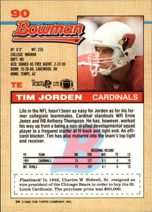 1992 Bowman #90 Tim Jorden back image