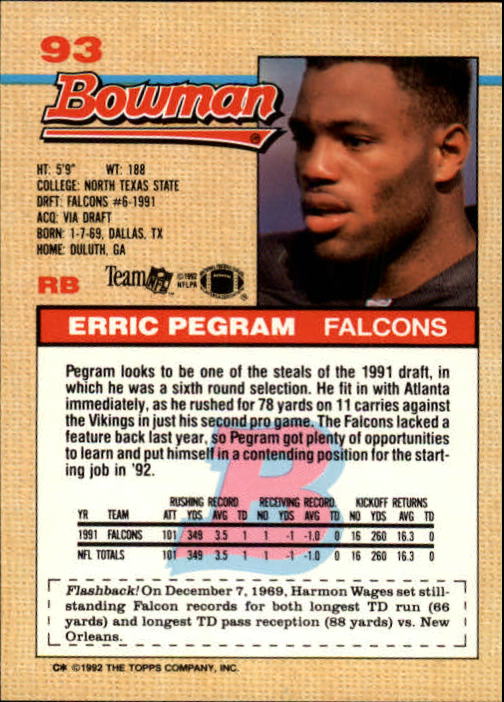 1992 Bowman #93 Erric Pegram back image