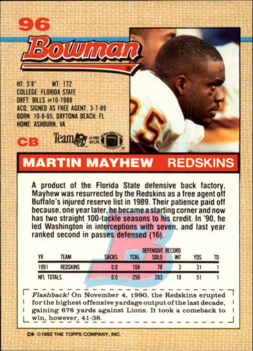 1992 Bowman #96 Martin Mayhew back image