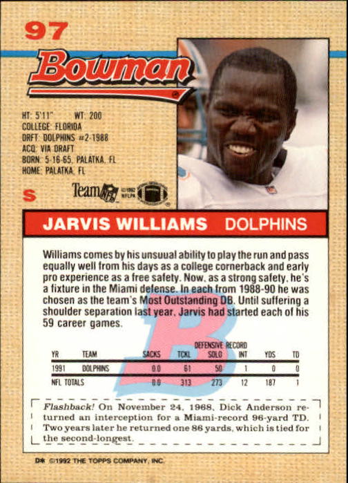 1992 Bowman #97 Jarvis Williams back image