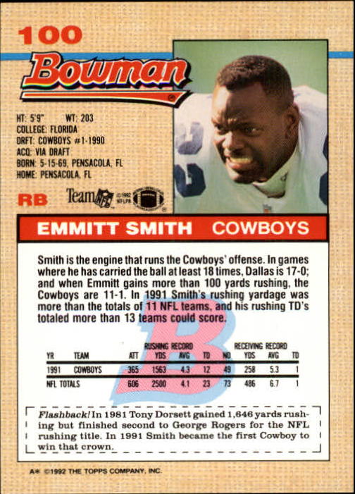 1992 Bowman #100 Emmitt Smith back image