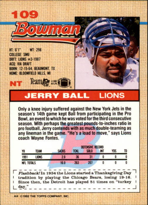 1992 Bowman #109 Jerry Ball back image