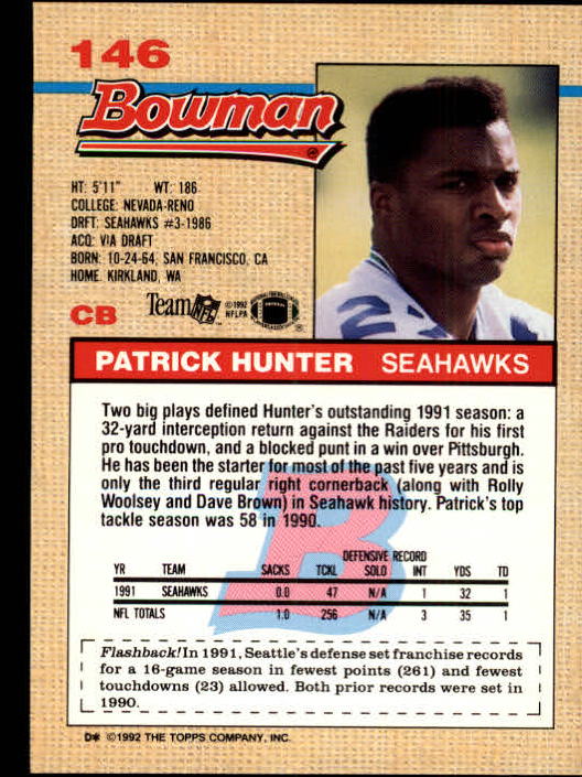 1992 Bowman #146 Patrick Hunter back image