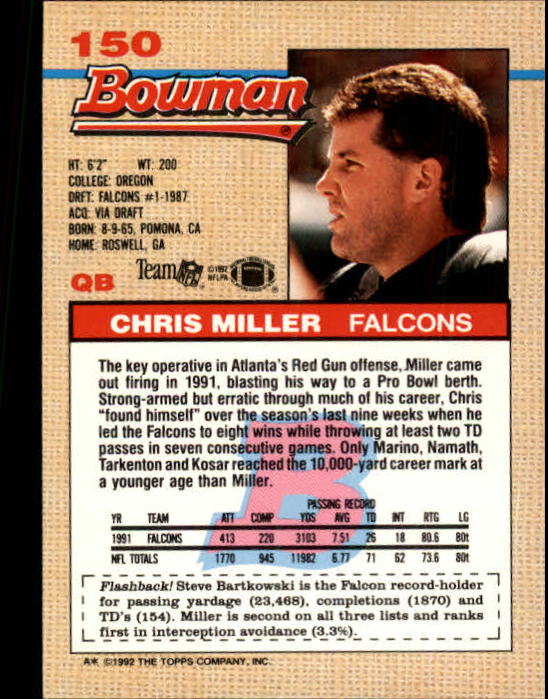 1992 Bowman #150 Chris Miller back image
