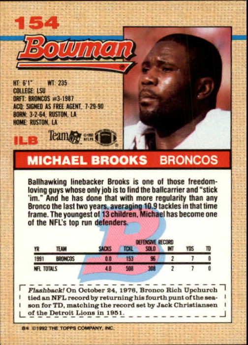 1992 Bowman #154 Michael Brooks back image