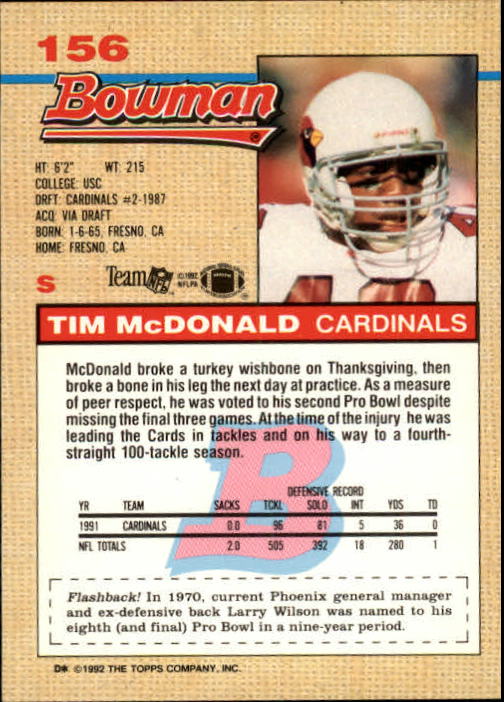 1992 Bowman #156 Tim McDonald back image