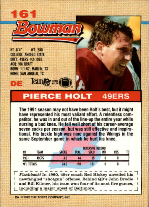 1992 Bowman #161 Pierce Holt back image