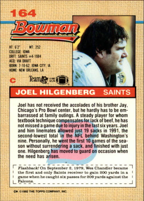 1992 Bowman #164 Joel Hilgenberg back image