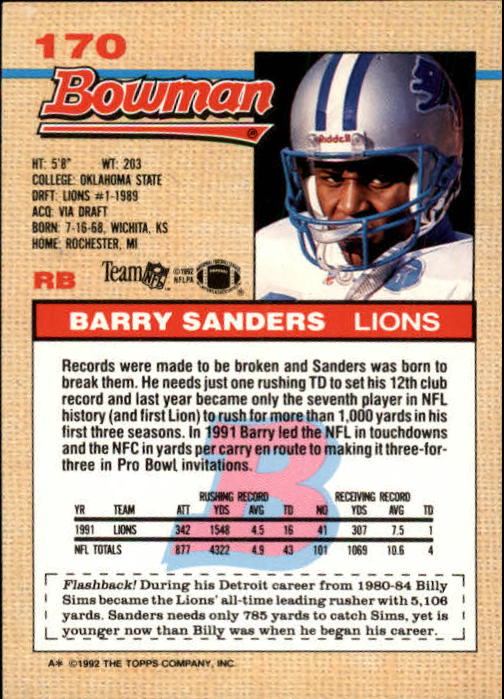 1992 Bowman #170 Barry Sanders back image