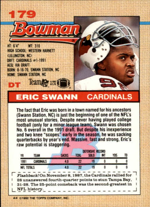 1992 Bowman #179 Eric Swann back image