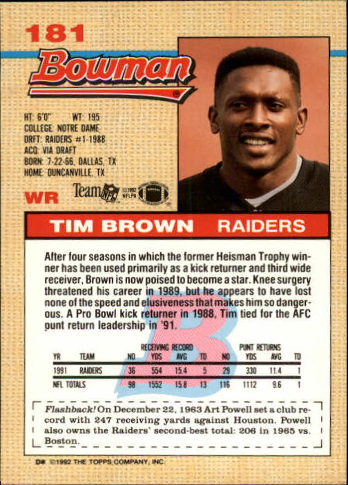 1992 Bowman #181 Tim Brown back image