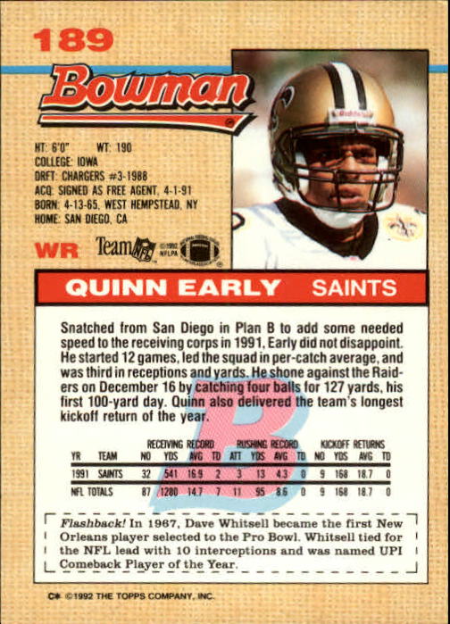 1992 Bowman #189 Quinn Early back image