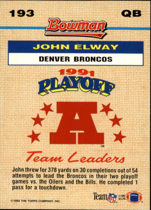 1992 Bowman #193 John Elway FOIL back image