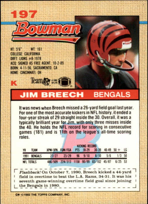 1992 Bowman #197 Jim Breech back image