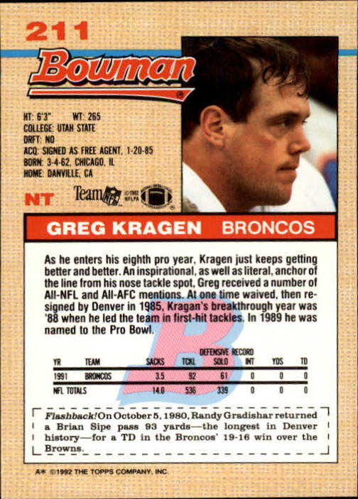 1992 Bowman #211 Greg Kragen back image