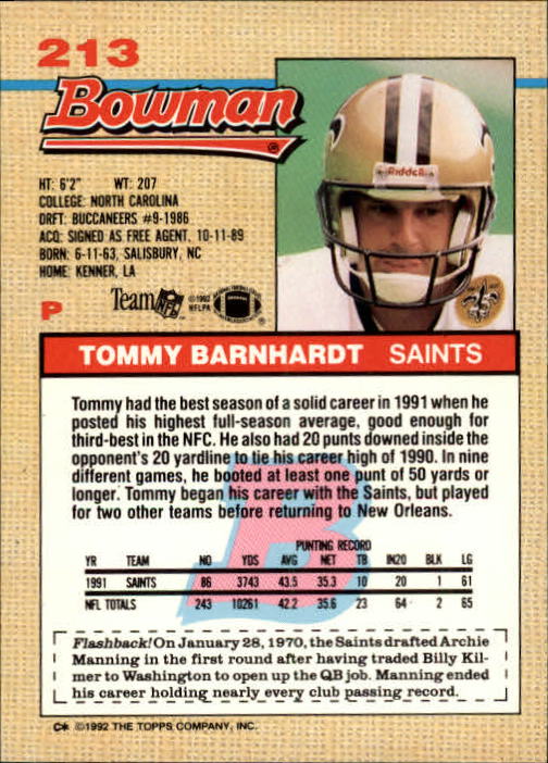 1992 Bowman #213 Tommy Barnhardt back image