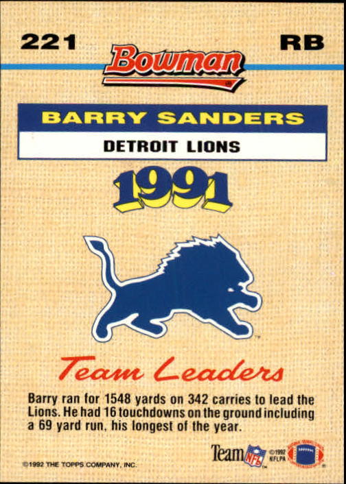 1992 Bowman #221 Barry Sanders FOIL back image