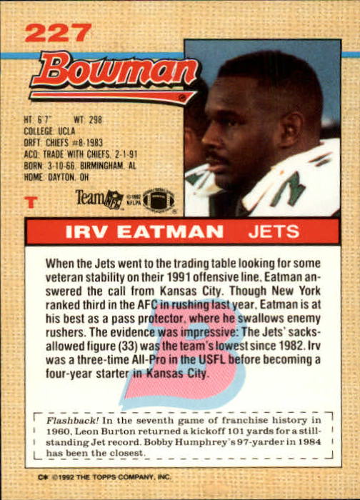 1992 Bowman #227 Irv Eatman back image