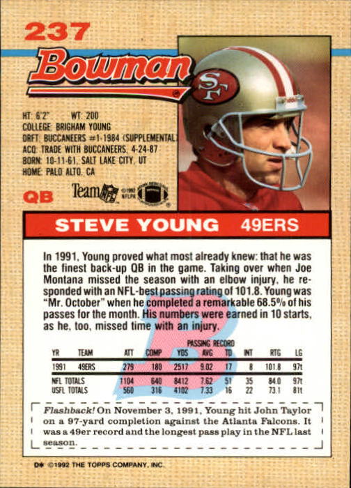 1992 Bowman #237 Steve Young back image
