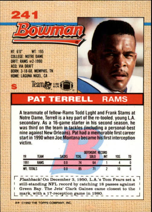 1992 Bowman #241 Pat Terrell back image