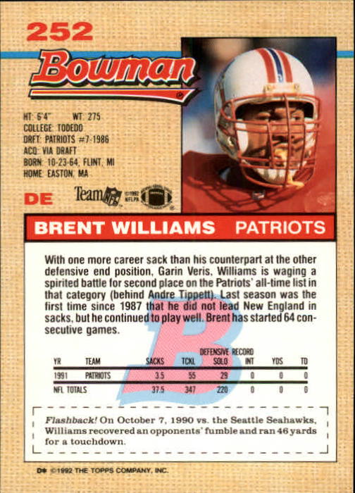 1992 Bowman #252 Brent Williams back image