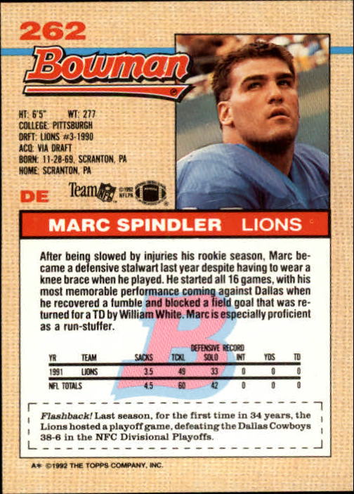 1992 Bowman #262 Marc Spindler back image