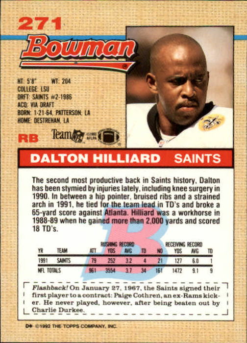 1992 Bowman #271 Dalton Hilliard back image