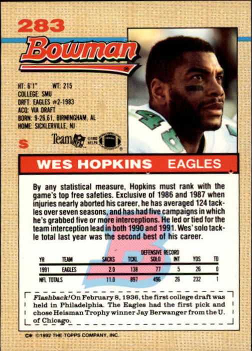 1992 Bowman #283 Wes Hopkins back image