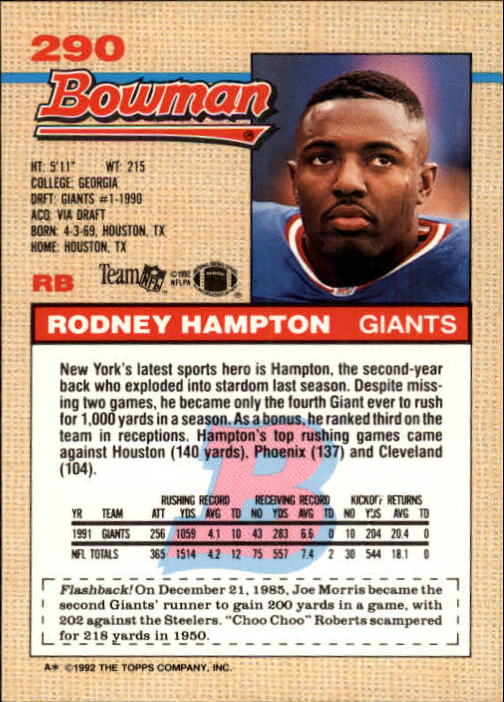 1992 Bowman #290 Rodney Hampton back image
