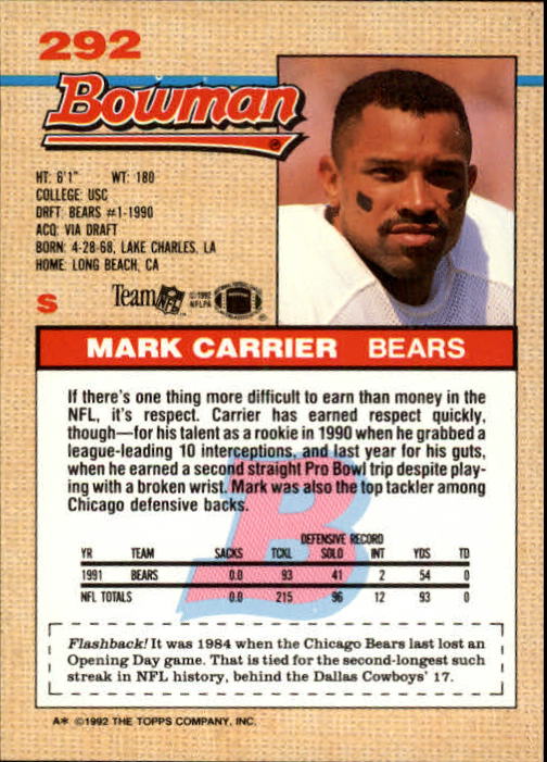 1992 Bowman #292 Mark Carrier DB back image
