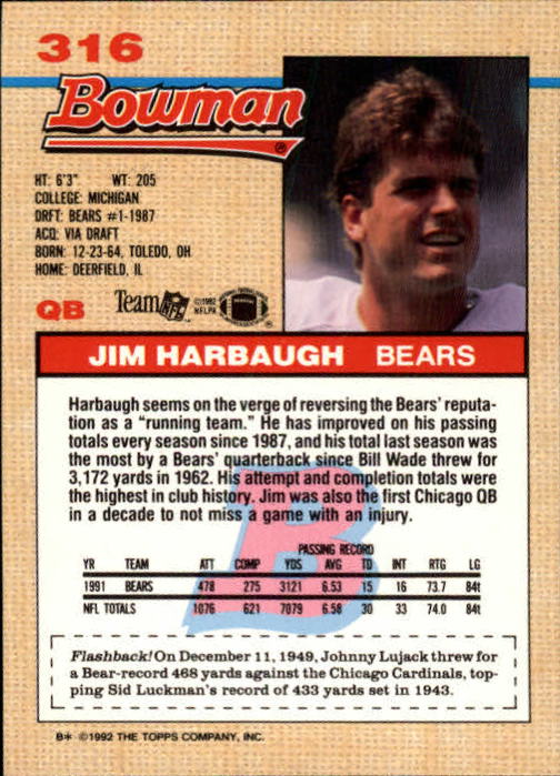 1992 Bowman #316 Jim Harbaugh back image