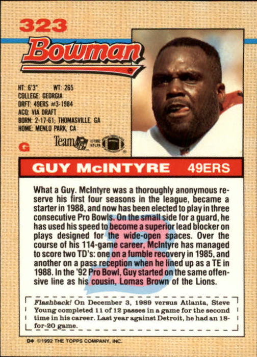 1992 Bowman #323 Guy McIntyre back image