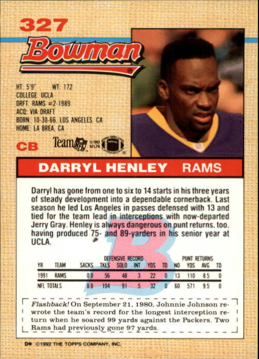 1992 Bowman #327 Darryl Henley back image
