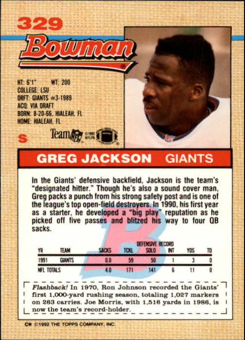 1992 Bowman #329 Greg Jackson back image