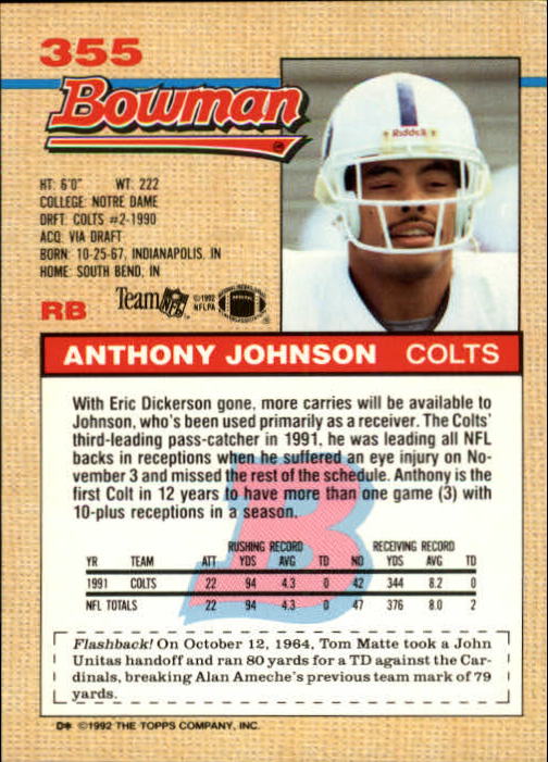 1992 Bowman #355 Anthony Johnson back image