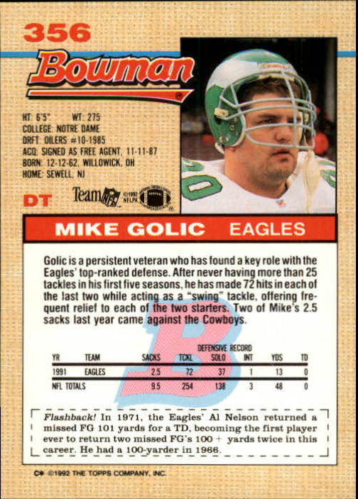 1992 Bowman #356 Mike Golic back image