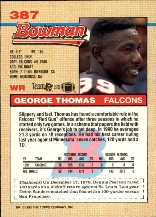 1992 Bowman #387 George Thomas RC back image