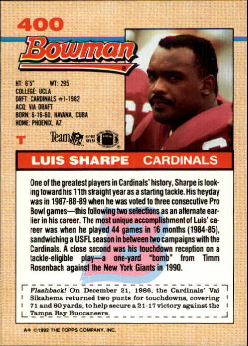 1992 Bowman #400 Luis Sharpe back image