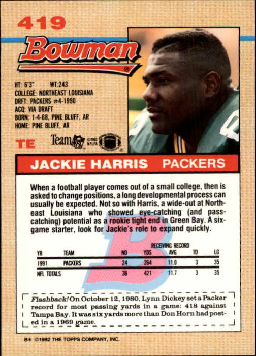 1992 Bowman #419 Jackie Harris RC back image