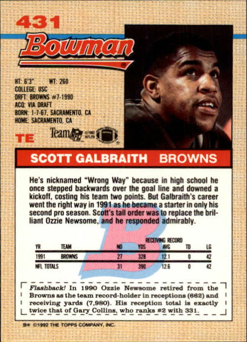 1992 Bowman #431 Scott Galbraith RC back image