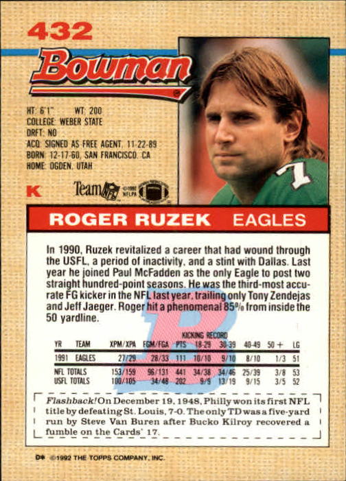 1992 Bowman #432 Roger Ruzek back image