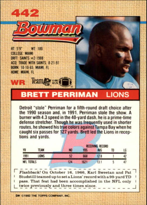 1992 Bowman #442 Brett Perriman back image
