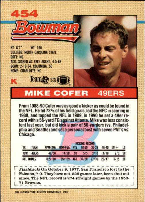 1992 Bowman #454 Mike Cofer back image