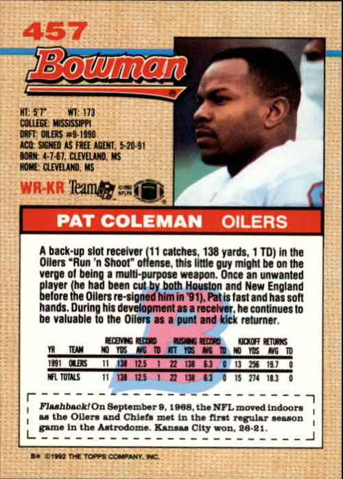 1992 Bowman #457 Pat Coleman RC back image