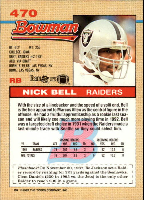1992 Bowman #470 Nick Bell back image