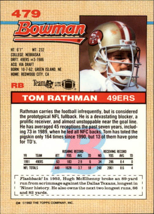 1992 Bowman #479 Tom Rathman back image