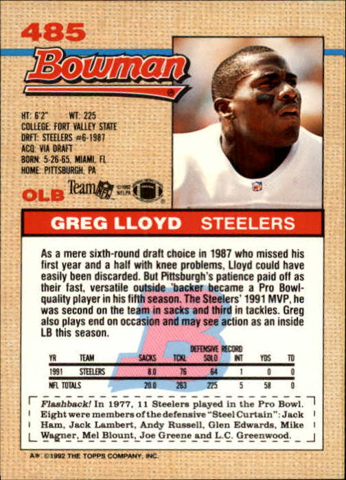 1992 Bowman #485 Greg Lloyd back image